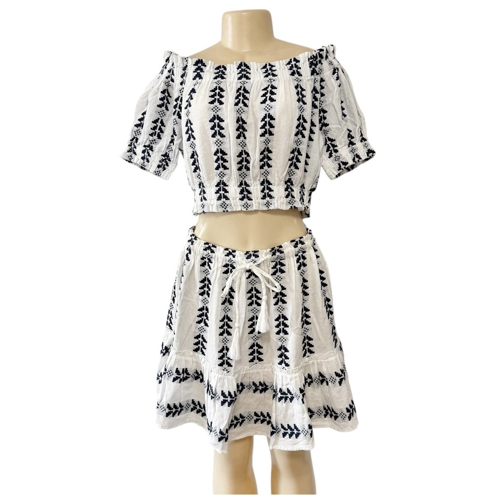 Elan White Skirt Crop Top Set Navy Blue Print Cotton Off The Shoulder Crop Top M